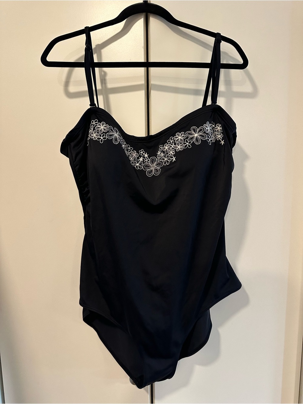 Cherokee Black One-Piece Swimsuit with White Floral Embroidery